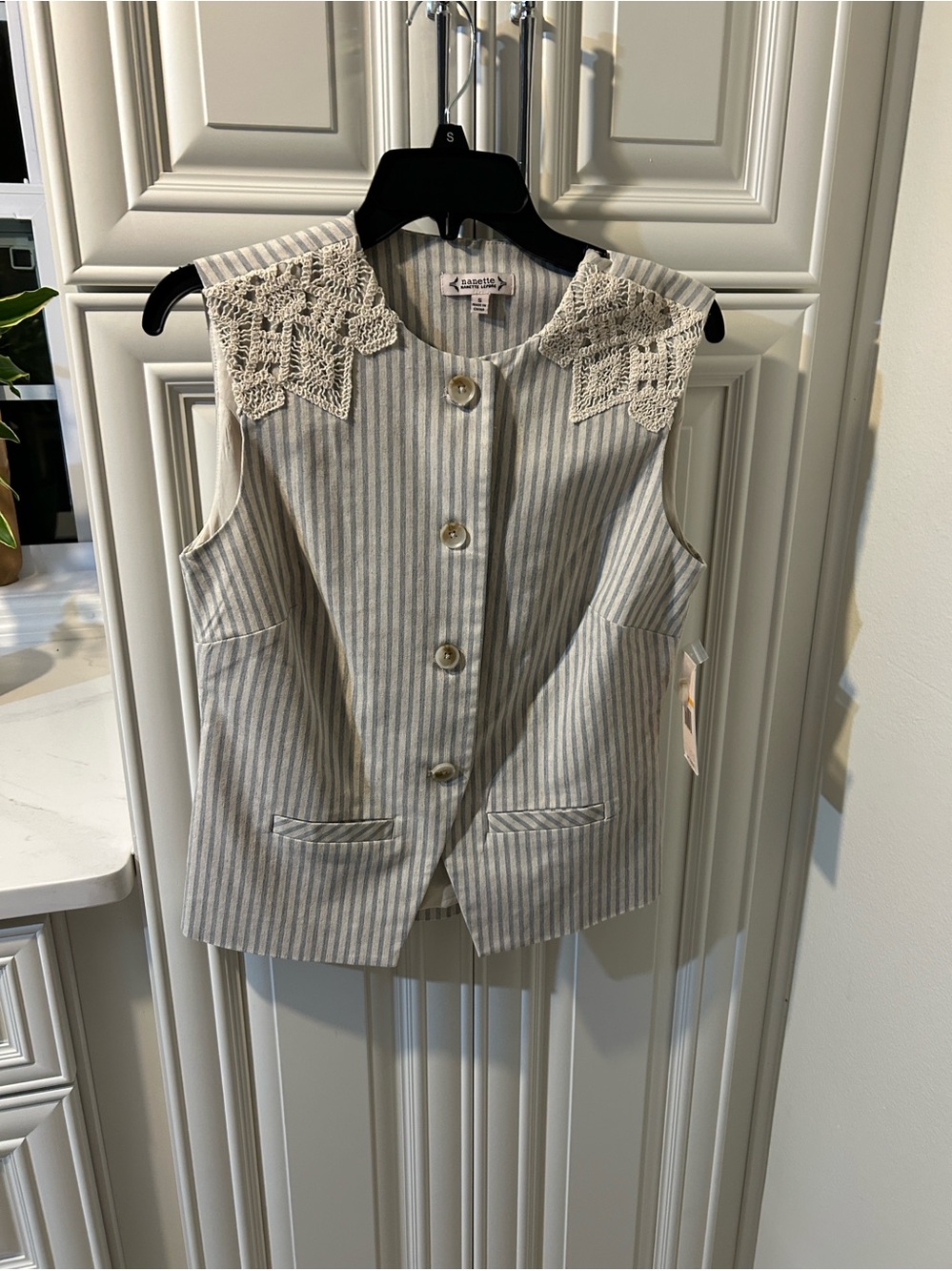 Women’s ' Cream & Gray Striped Vest with Lace Collar